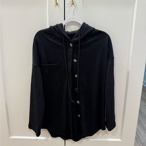 Black Button-Up Hooded shacket with Ribbed Sleeves